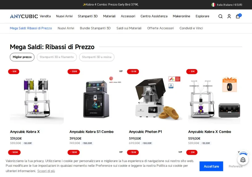 Schermata della pagina offerta di Anycubic