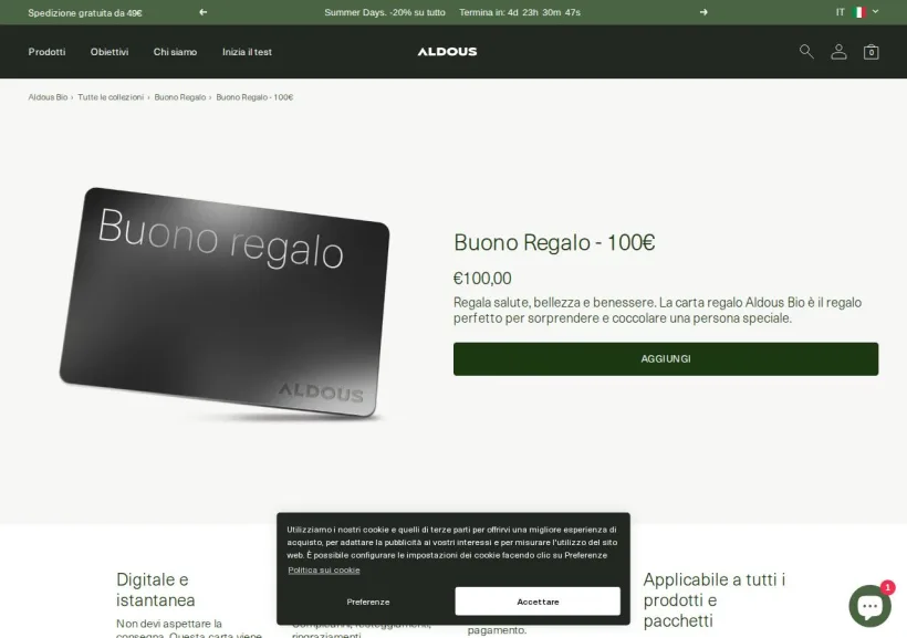 Schermata della pagina offerta di Aldous Bio