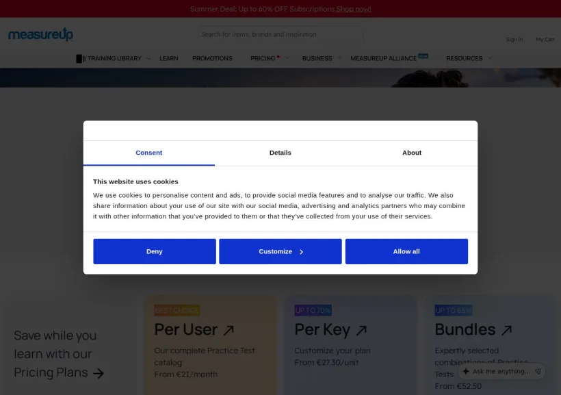 Schermata della pagina offerta di Measureup