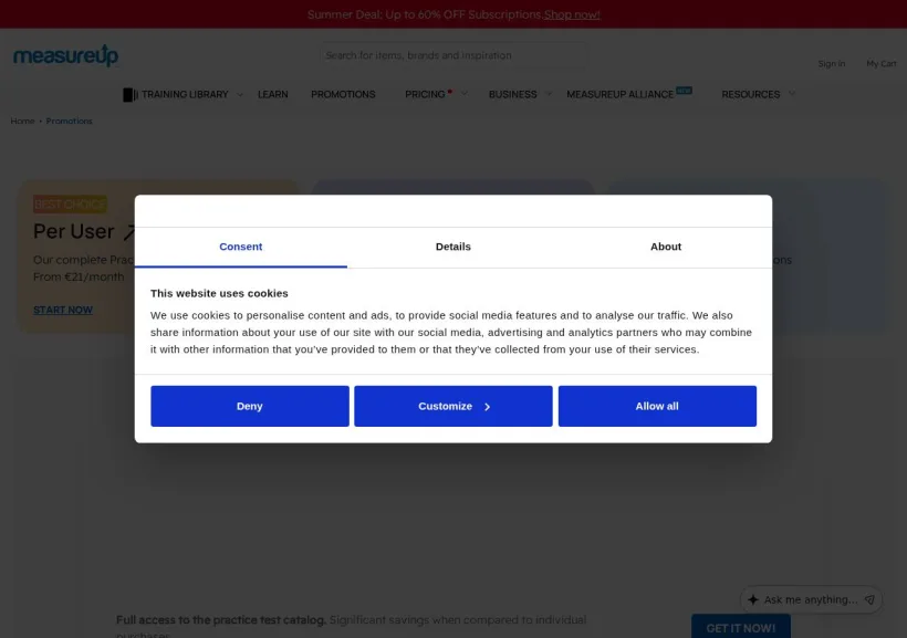 Schermata della pagina offerta di Measureup