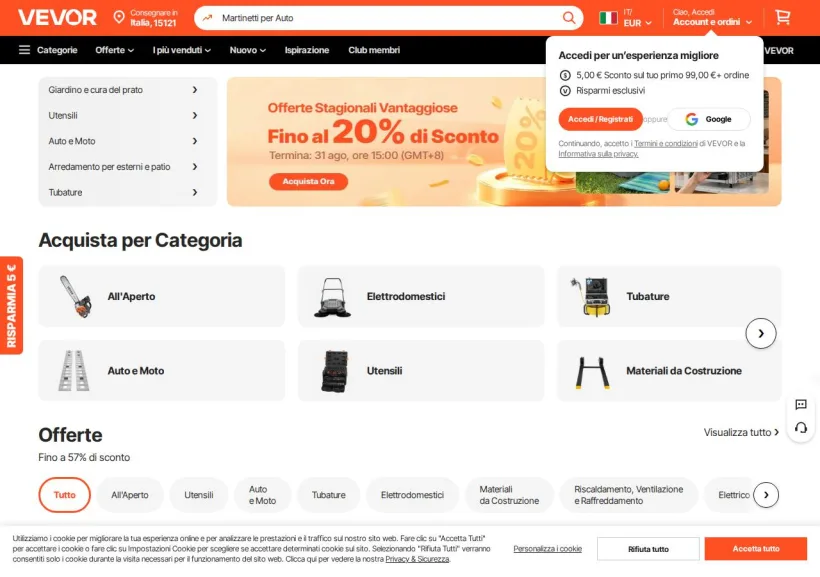Schermata della pagina offerta di Vevor