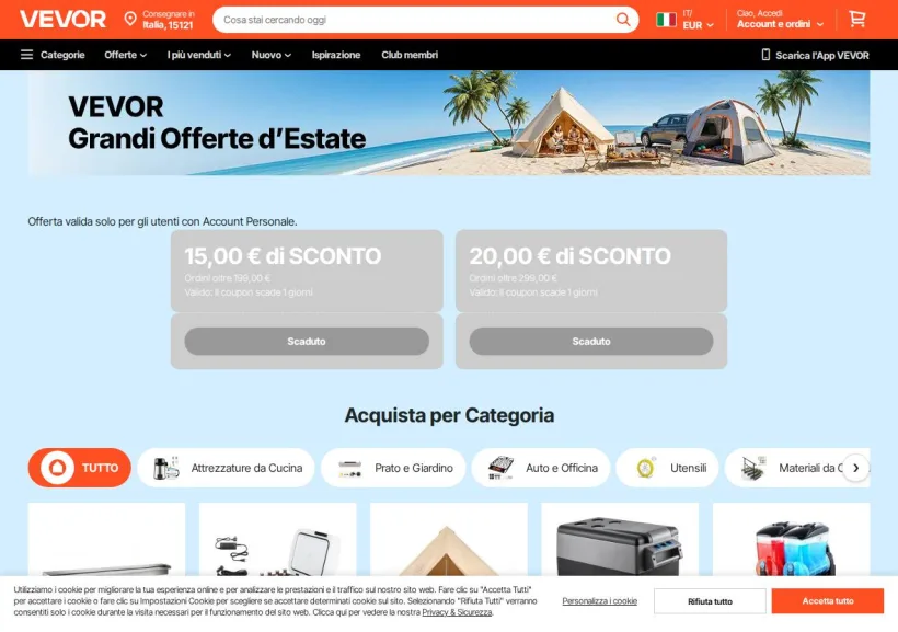 Schermata della pagina offerta di Vevor