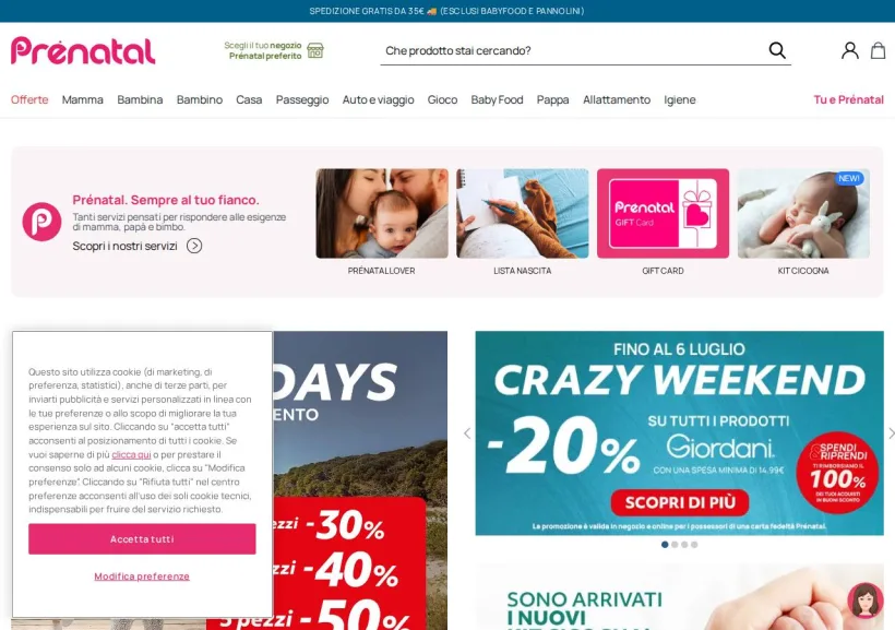 Schermata della pagina offerta di Prenatal