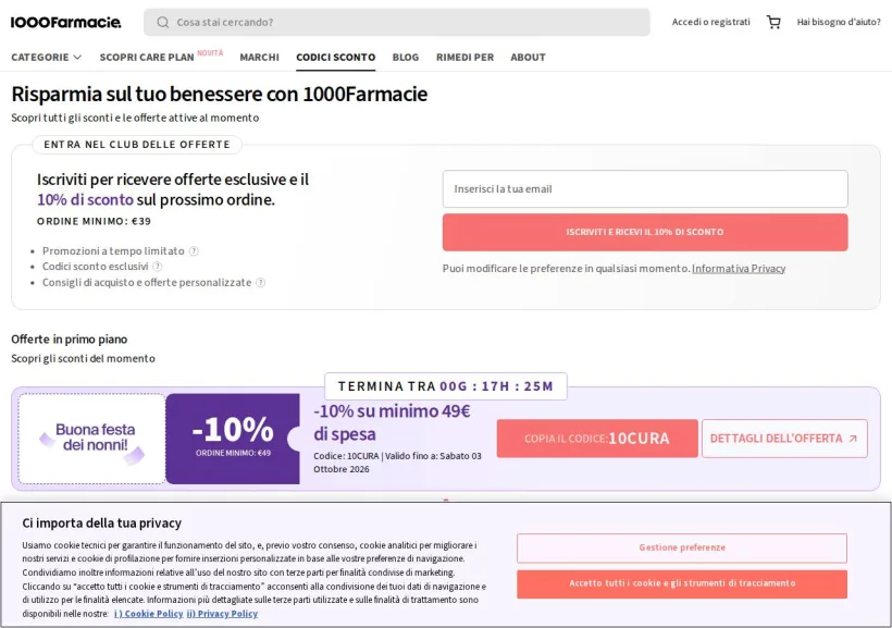 Schermata della pagina offerta di 1000Farmacie