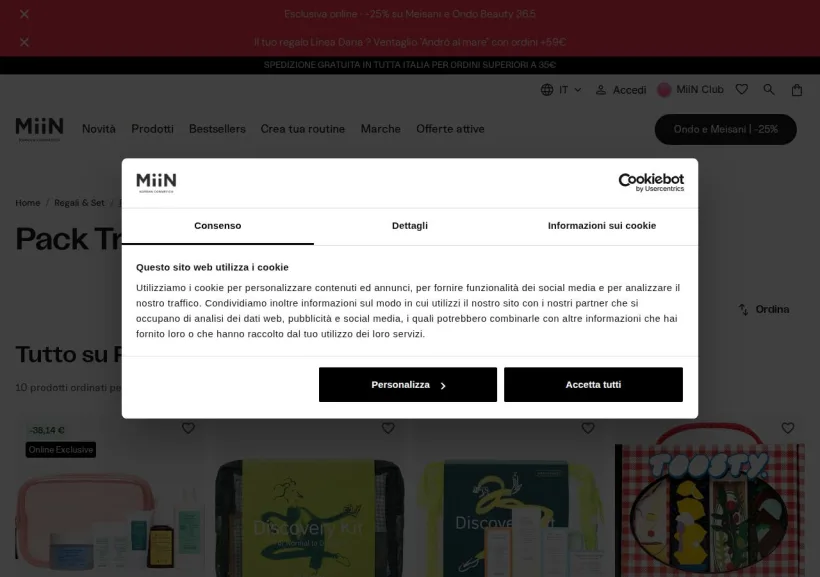 Schermata della pagina offerta di Miin Cosmetics