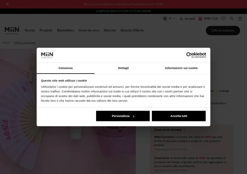 Schermata della pagina offerta di Miin Cosmetics