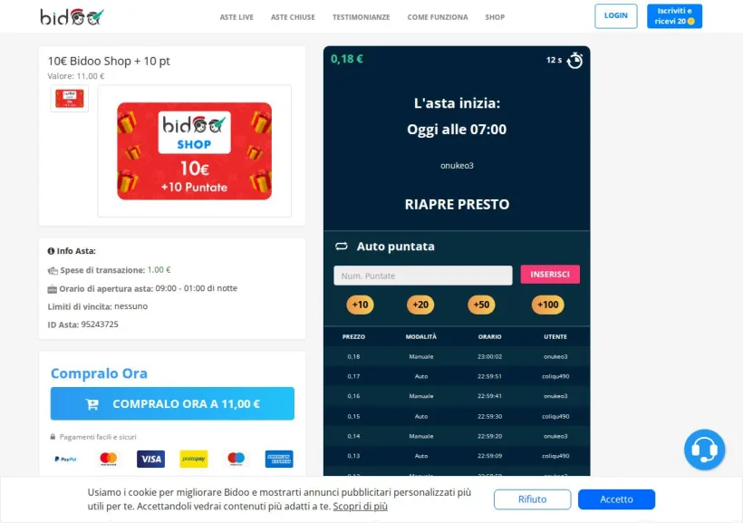Schermata della pagina offerta di Bidoo
