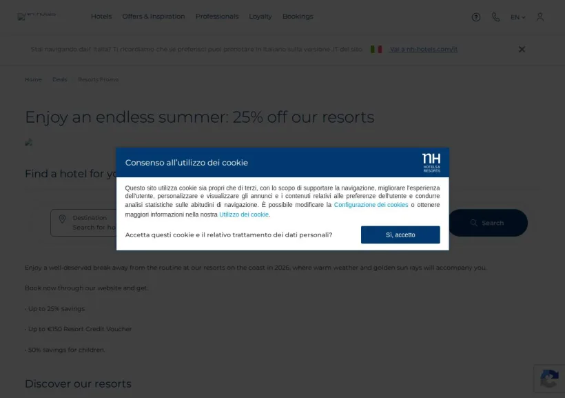 Schermata della pagina offerta di Minor Hotels