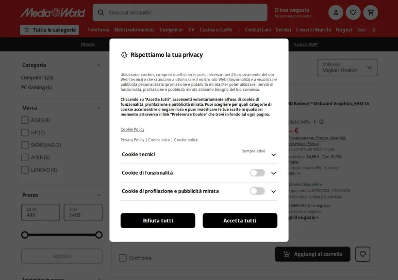 Schermata della pagina offerta di Mediaworld