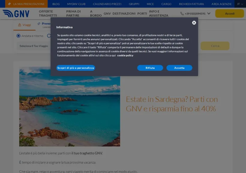 Schermata della pagina offerta di Grandi Navi Veloci