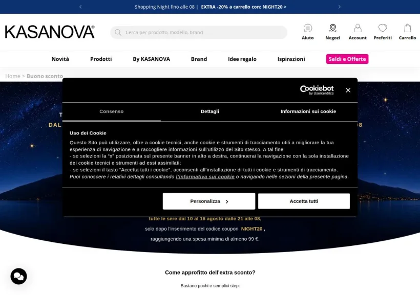 Schermata della pagina offerta di Kasanova