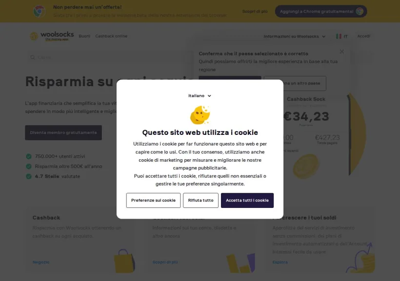 Schermata della pagina offerta di Woolsocks