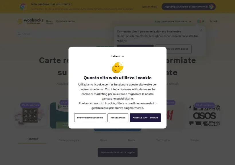 Schermata della pagina offerta di Woolsocks