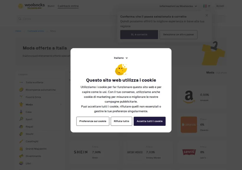 Schermata della pagina offerta di Woolsocks