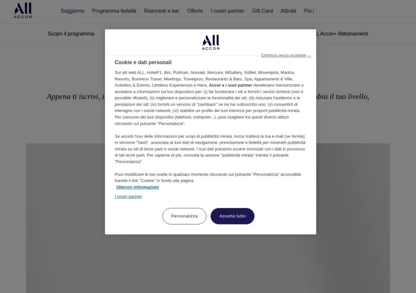 Schermata della pagina offerta di ALL Accor Live Limitless