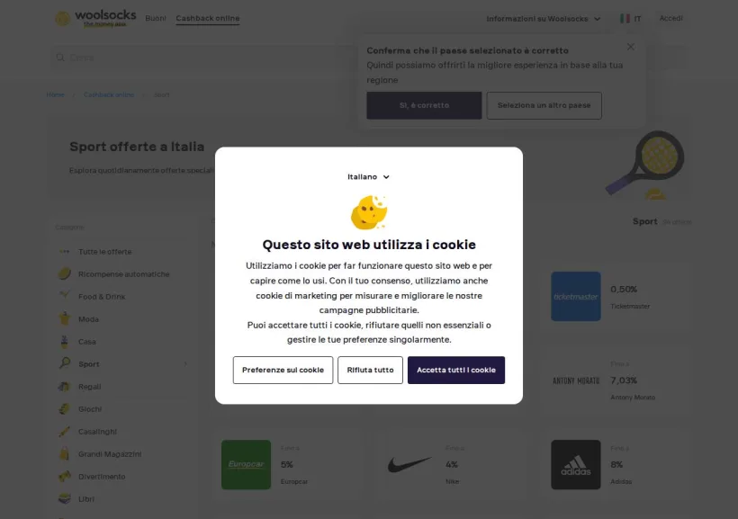 Schermata della pagina offerta di Woolsocks