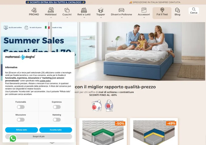 Schermata della pagina offerta di Materassiedoghe