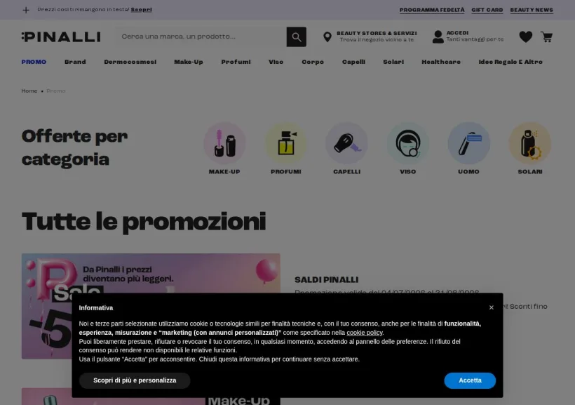 Schermata della pagina offerta di Pinalli 