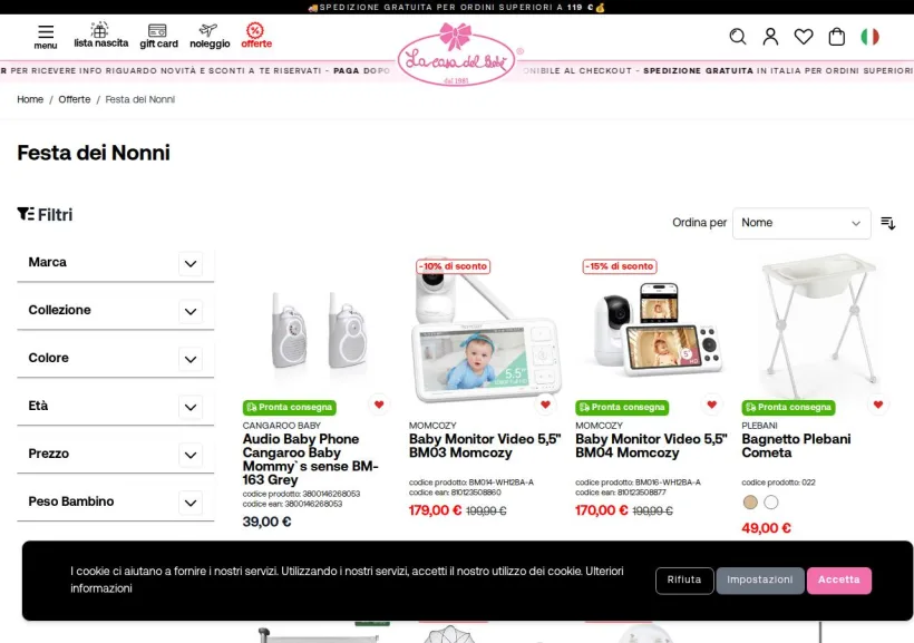 Schermata della pagina offerta di La Casa del Bebè