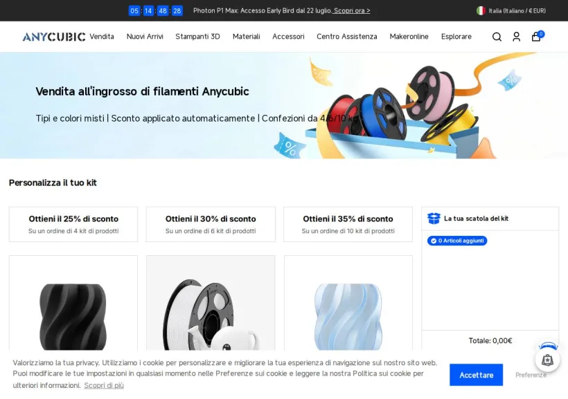 Schermata della pagina offerta di Anycubic