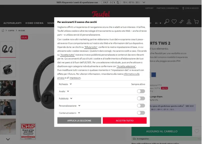 Schermata della pagina offerta di Teufel