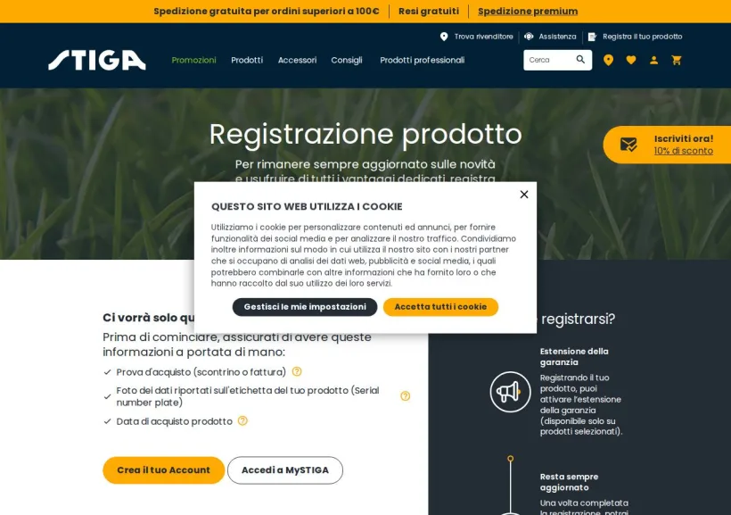 Schermata della pagina offerta di STIGA