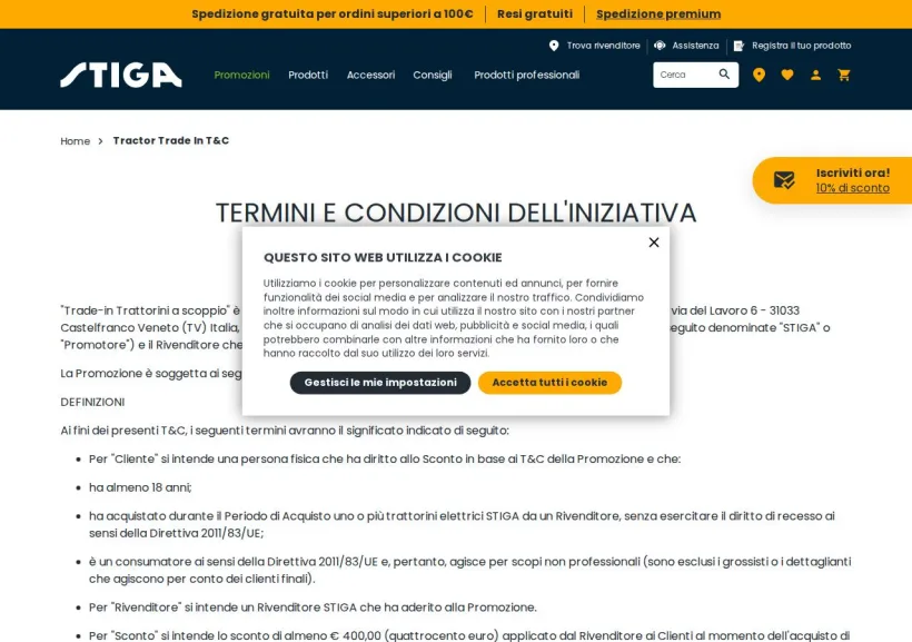 Schermata della pagina offerta di STIGA