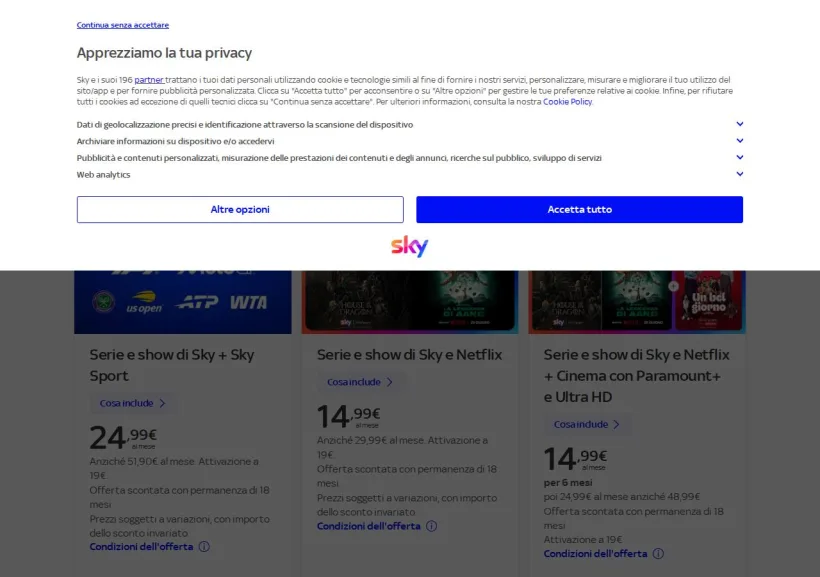 Schermata della pagina offerta di SKY