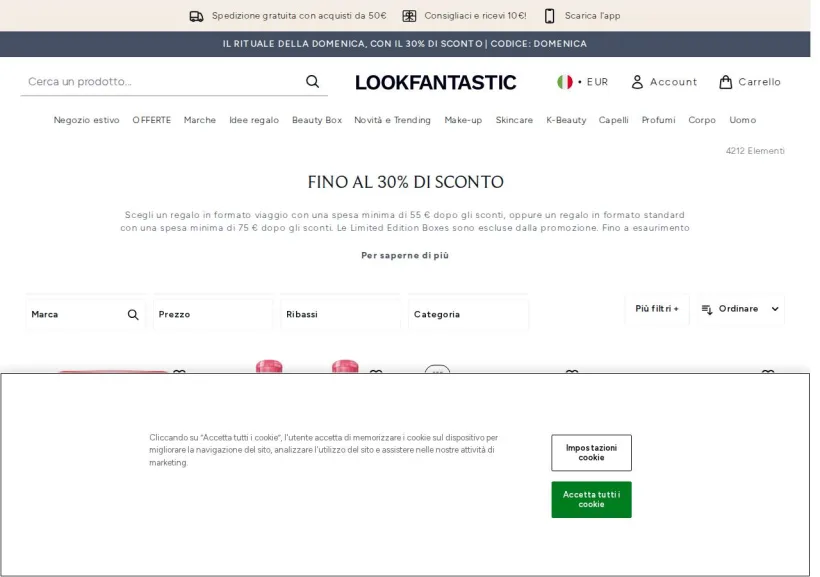 Schermata della pagina offerta di Look Fantastic