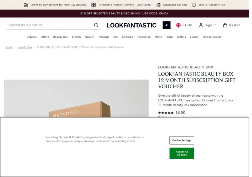 Schermata della pagina offerta di Look Fantastic