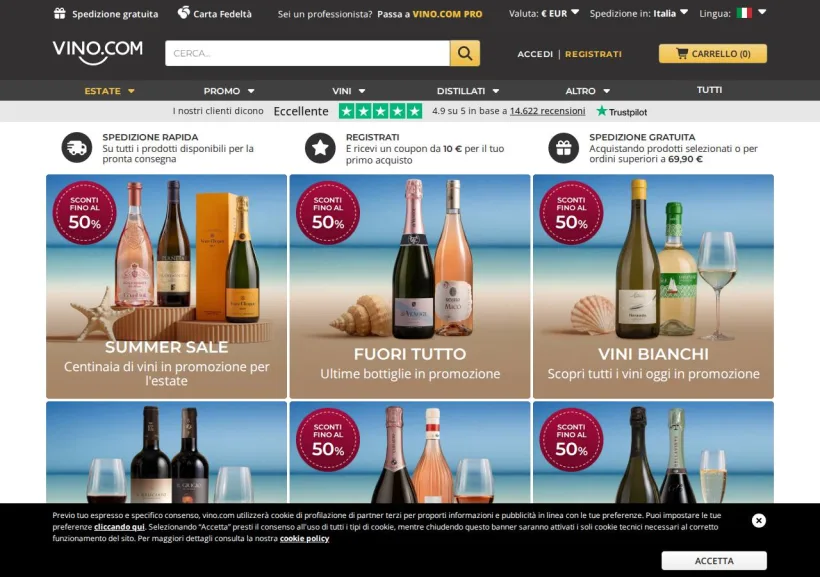 Schermata della pagina offerta di Vino.com