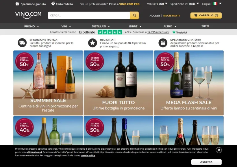 Schermata della pagina offerta di Vino.com