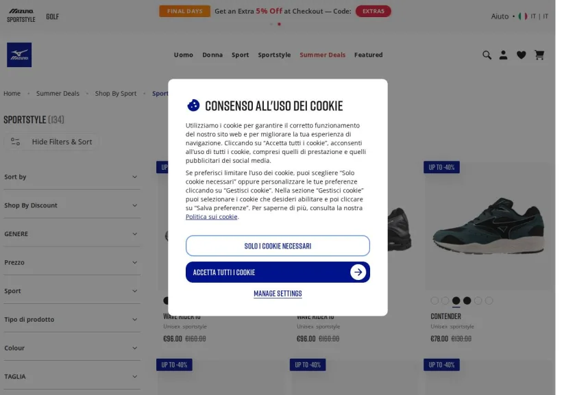 Schermata della pagina offerta di Mizuno