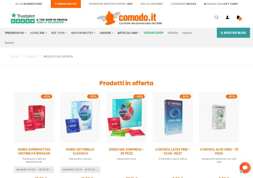 Schermata della pagina offerta di Comodo.it - Il portale dei preservativi