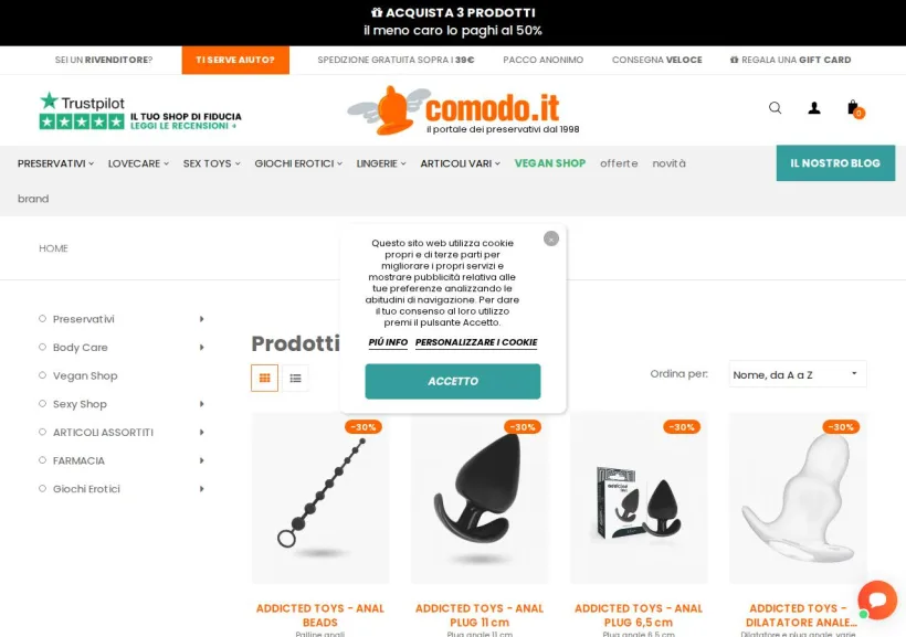 Schermata della pagina offerta di Comodo.it - Il portale dei preservativi