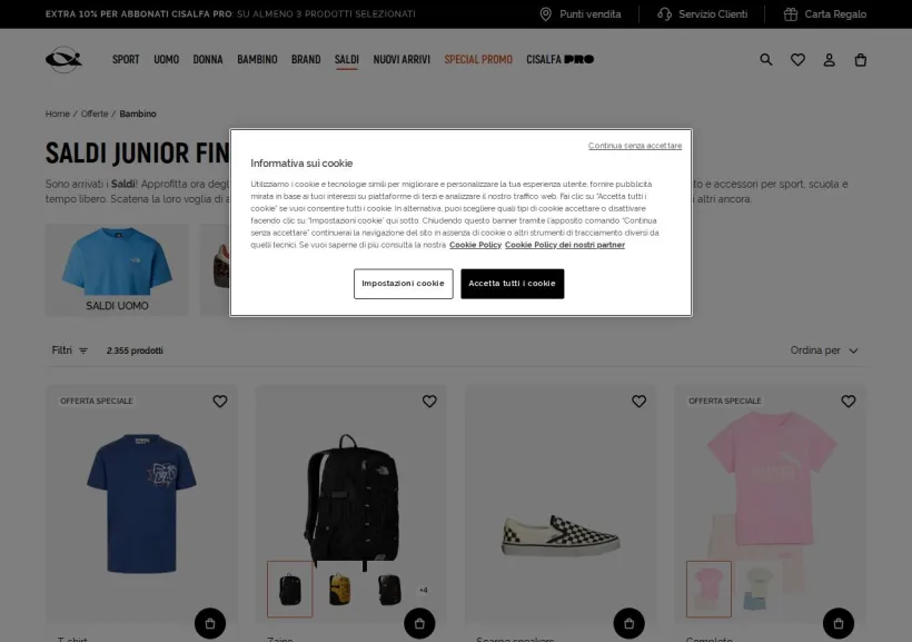 Schermata della pagina offerta di Cisalfa