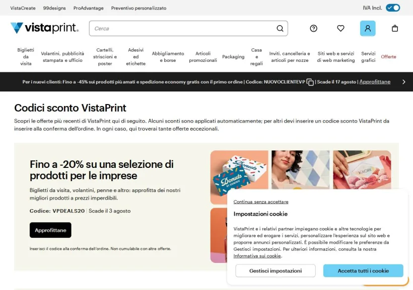 Schermata della pagina offerta di Vistaprint