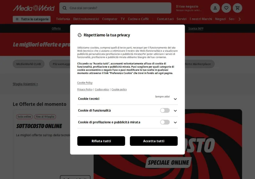 Schermata della pagina offerta di Mediaworld