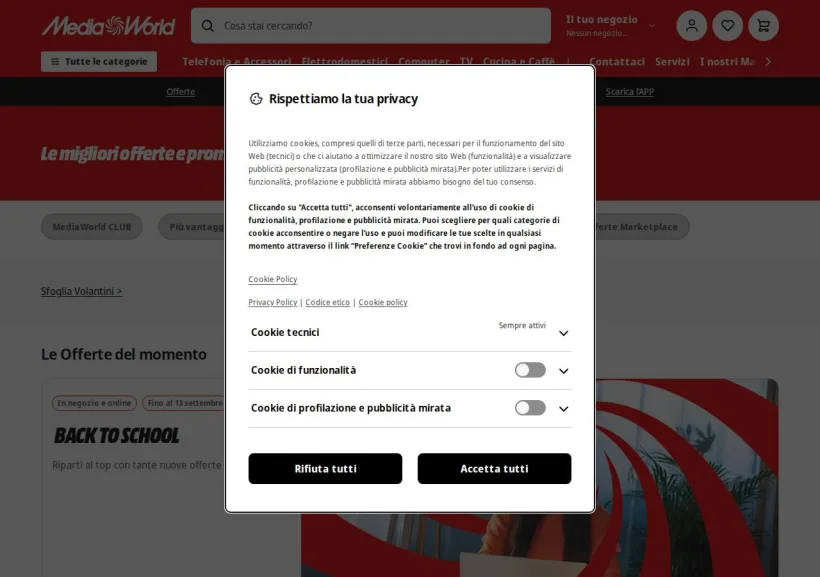 Schermata della pagina offerta di Mediaworld