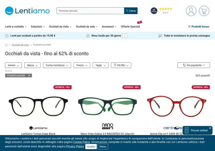 Schermata della pagina offerta di Lentiamo