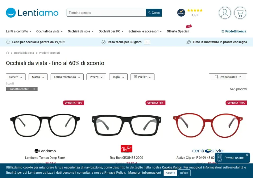 Schermata della pagina offerta di Lentiamo