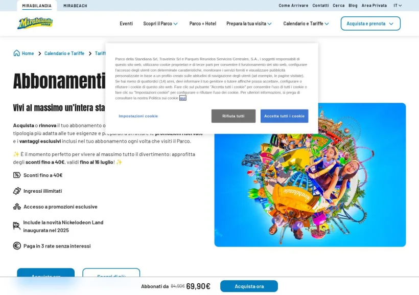 Schermata della pagina offerta di Mirabilandia