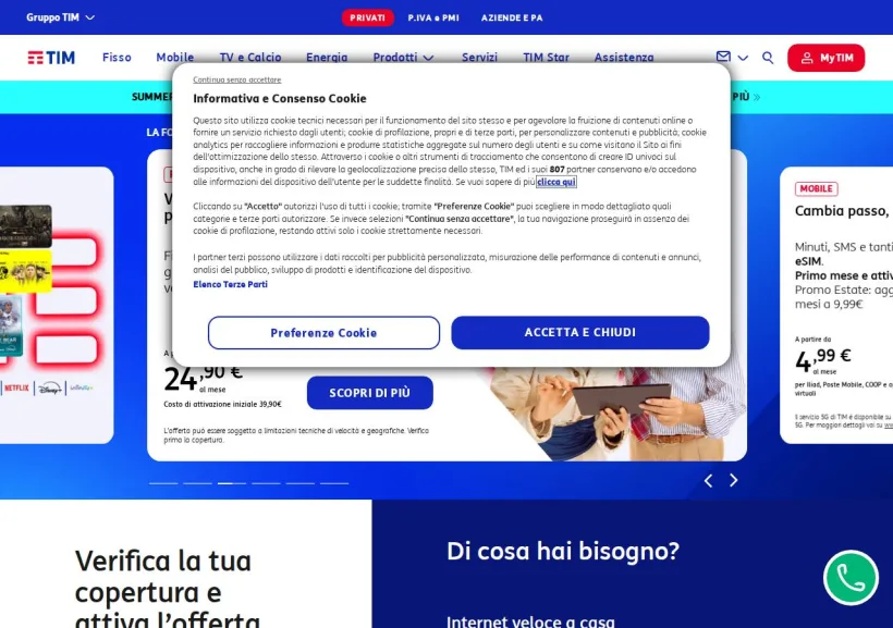Schermata della pagina offerta di TIM