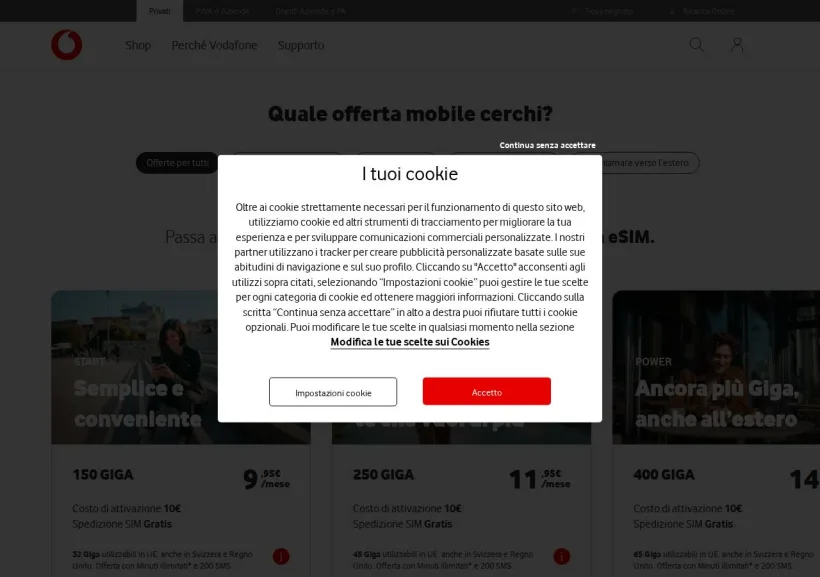 Schermata della pagina offerta di Vodafone