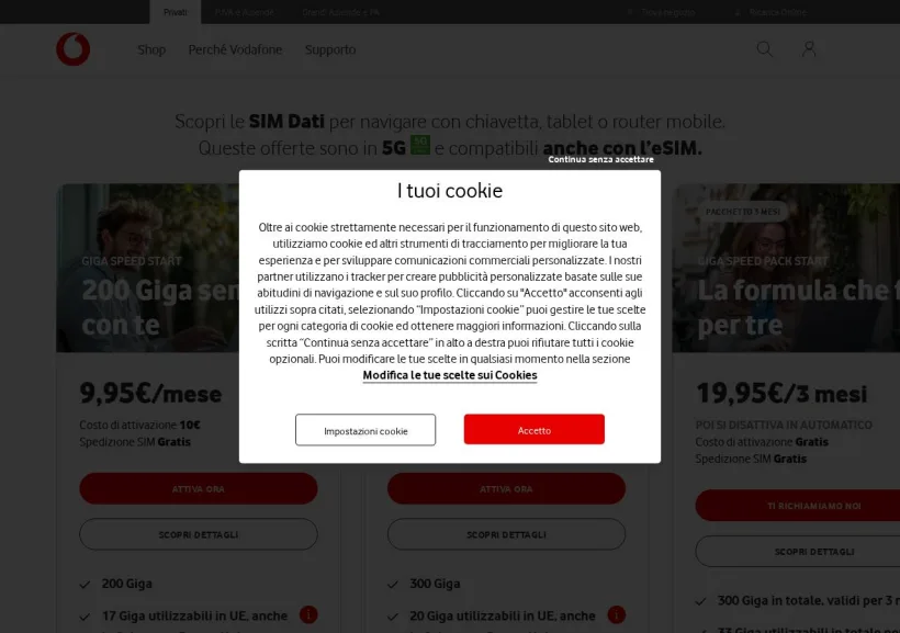 Schermata della pagina offerta di Vodafone