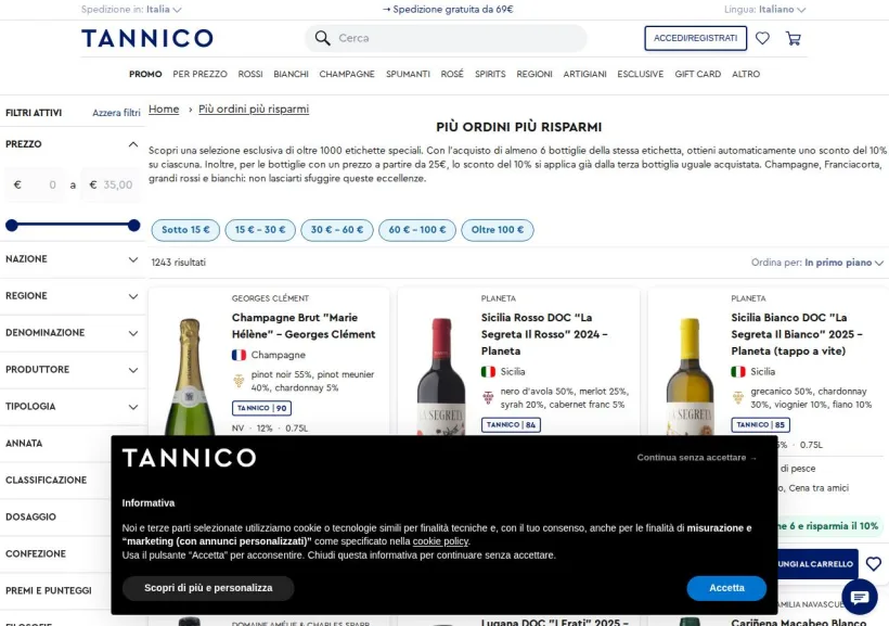 Schermata della pagina offerta di Tannico