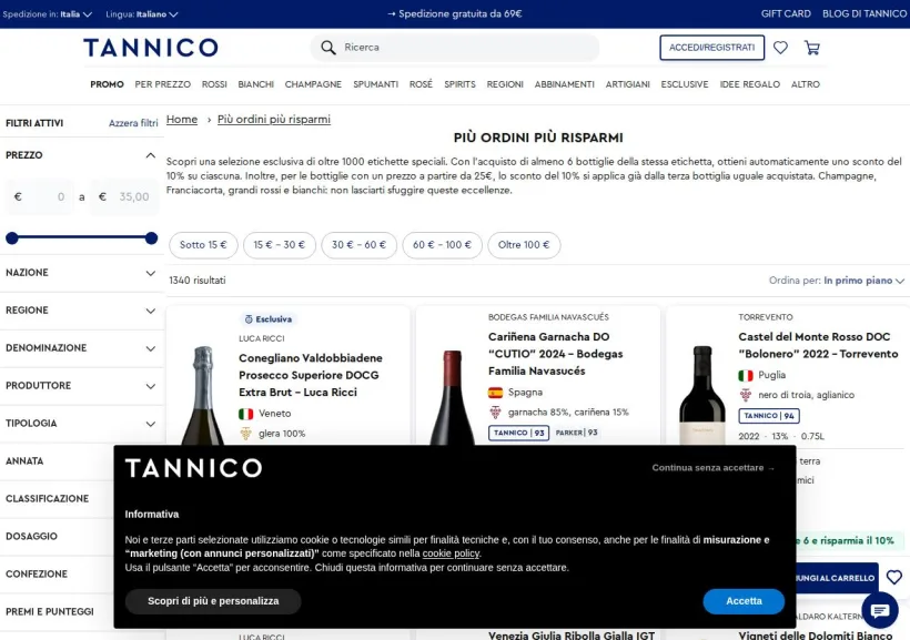 Schermata della pagina offerta di Tannico