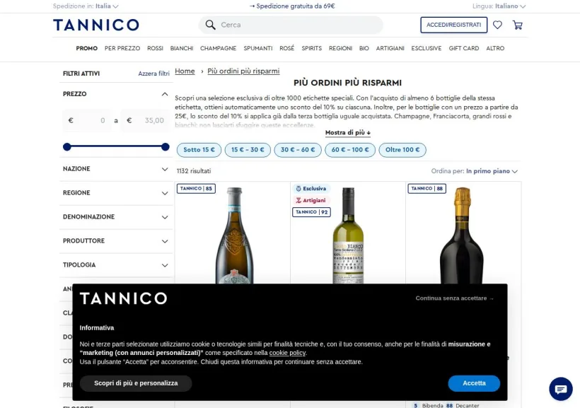 Schermata della pagina offerta di Tannico