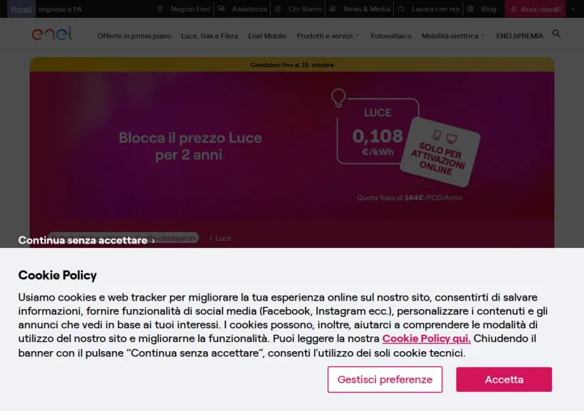 Schermata della pagina offerta di Enel Energia