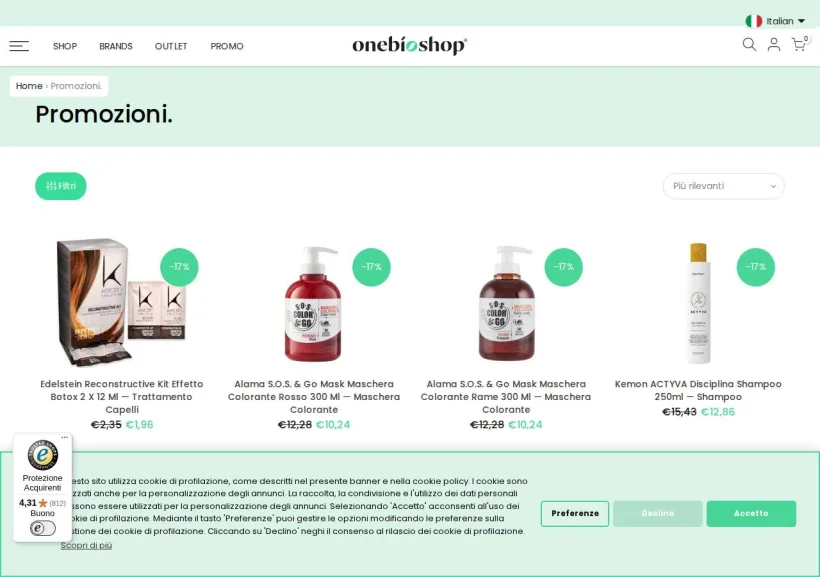 Schermata della pagina offerta di OneBioShopITA